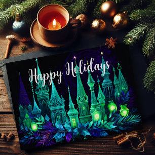 Watercolor Painting Candle Christmas Purple Green Card
