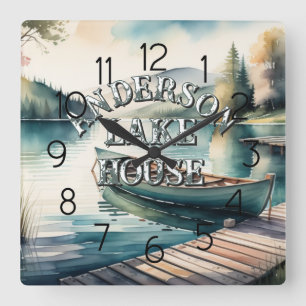 Watercolor Painting Canoe Lake Dock Mountain Square Wall Clock