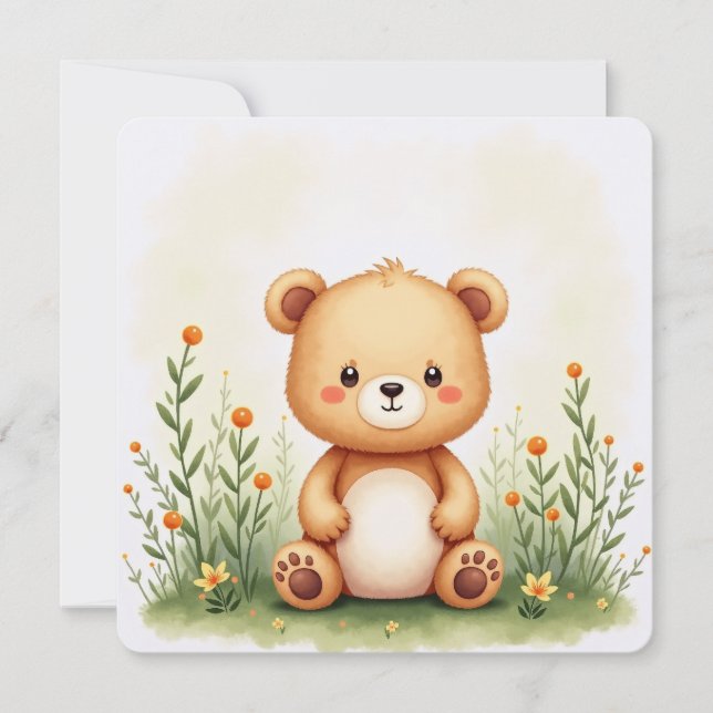 Watercolor Painting Card of a Cute, Small Bear (Front)