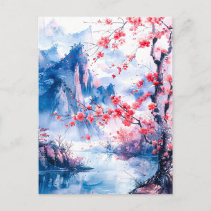Watercolor painting chinese mountain sakura postcard