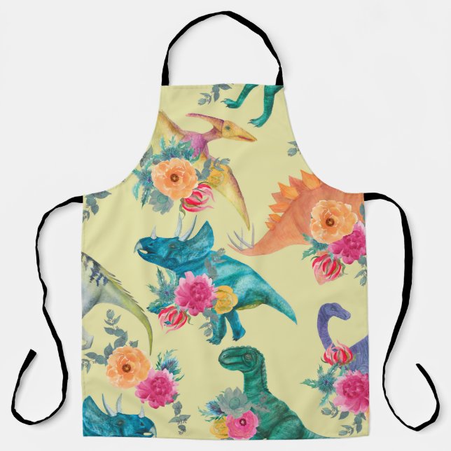 Watercolor painting dinosaurs pattern. Seamless ba Apron (Front)