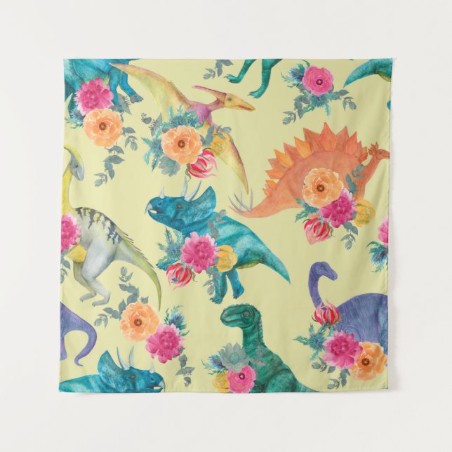 Watercolor painting dinosaurs pattern. Seamless ba Tapestry (Front)