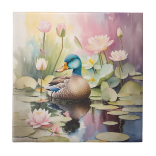 Watercolor Painting Duck On a Pond Tile