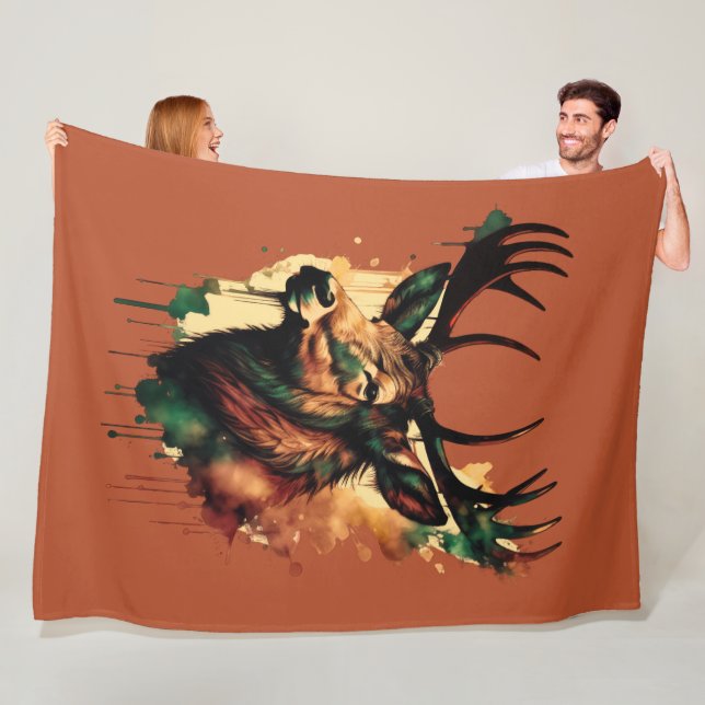 Watercolor Painting Earth Coloured Elk Fleece Blanket (In Situ)
