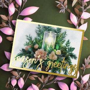 Watercolor Painting Evergreen Candle Christmas Foil Holiday Card
