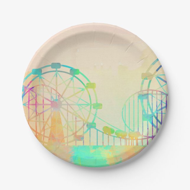 Watercolor Painting Ferris Wheel Fairground Art Paper Plate (Front)