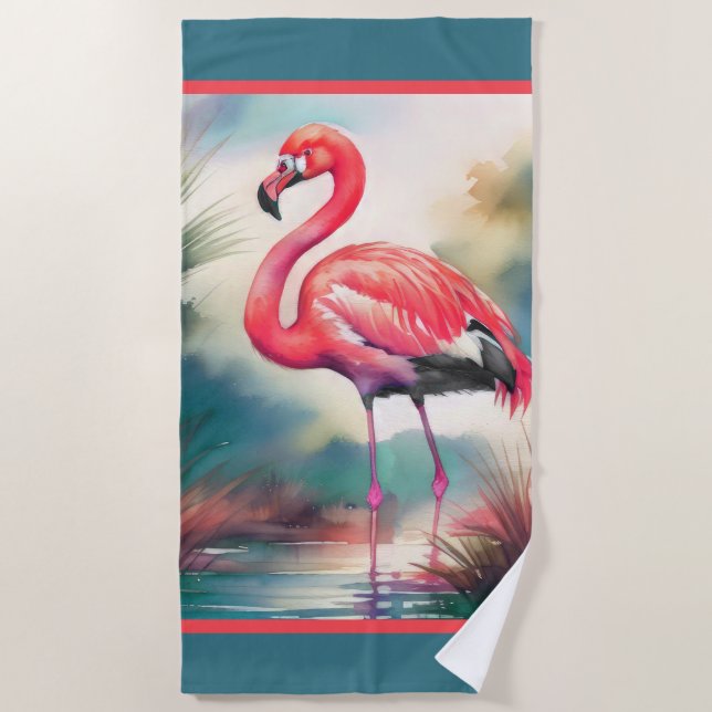 Watercolor Painting Flamingo Beach Towel (Front)