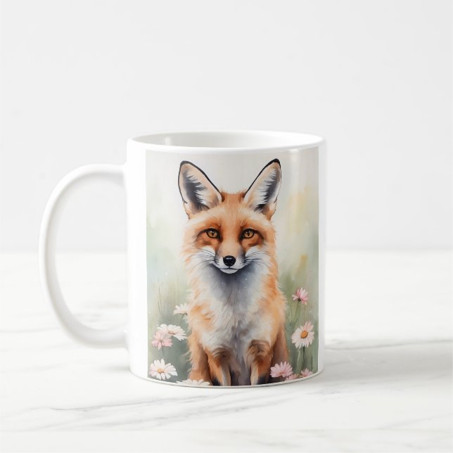 Watercolor Painting Fox With Daisy flowers Coffee Mug (Left)