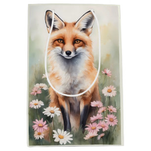 Watercolor Painting Fox With Daisy flowers Medium Gift Bag