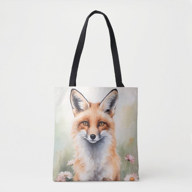 Watercolor Painting Fox With Daisy flowers Tote Bag (Front)