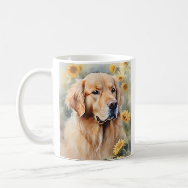 Watercolor Painting Golden Retriever and Sunflower Coffee Mug (Left)