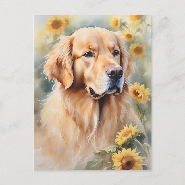 Watercolor Painting Golden Retriever and Sunflower Postcard (Front)
