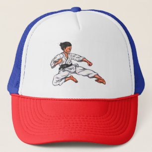 watercolor painting karate man leaping and kicking trucker hat