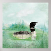 Watercolor Painting Loon Bird Lake Art wilderness