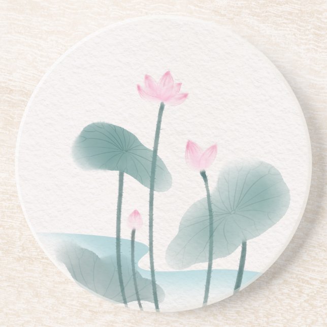Watercolor Painting Lotus Floral Coaster (Front)