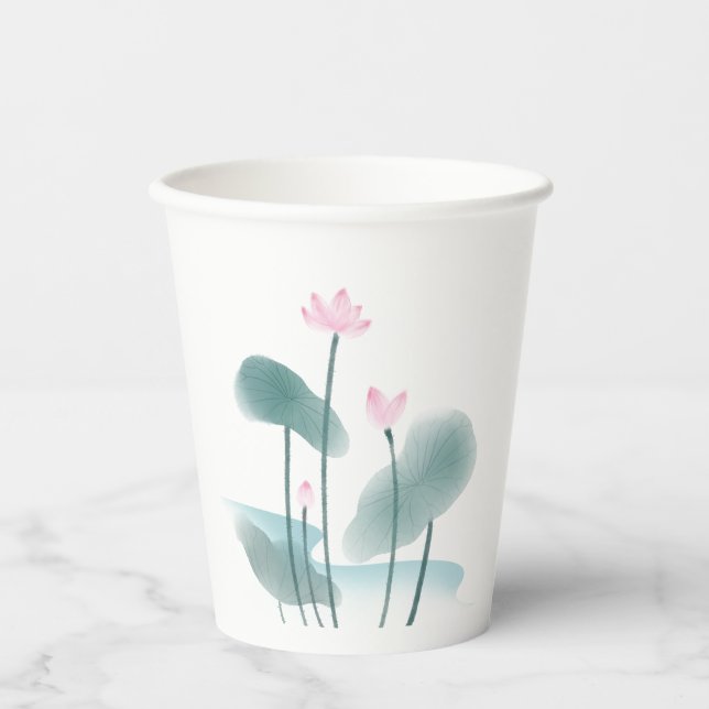 Watercolor Painting Lotus Floral Paper Cups (Front)