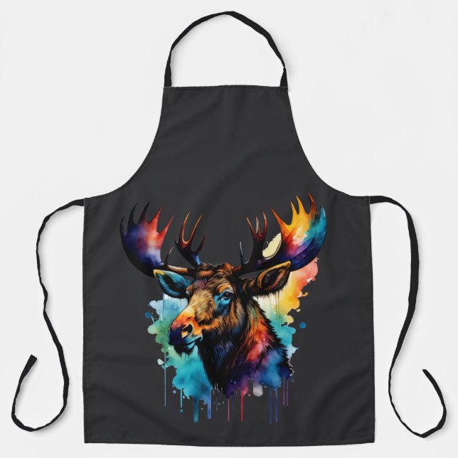 Watercolor Painting Multi Coloured Moose Apron (Front)
