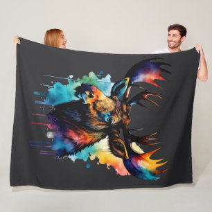 Watercolor Painting Multi Coloured Moose Fleece Blanket