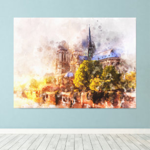 Watercolor Painting Notre Dame Cathedral Sunrise Canvas Print