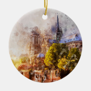 Watercolor Painting Notre Dame Cathedral Sunrise Ceramic Tree Decoration