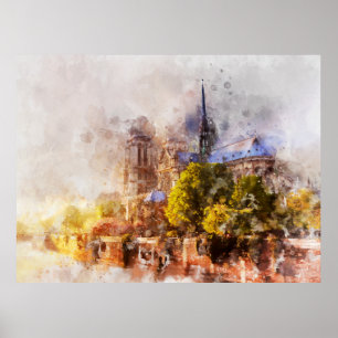 Watercolor Painting Notre Dame Cathedral Sunrise Poster
