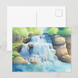 Watercolor Painting Of A Cascading Waterfall Postcard