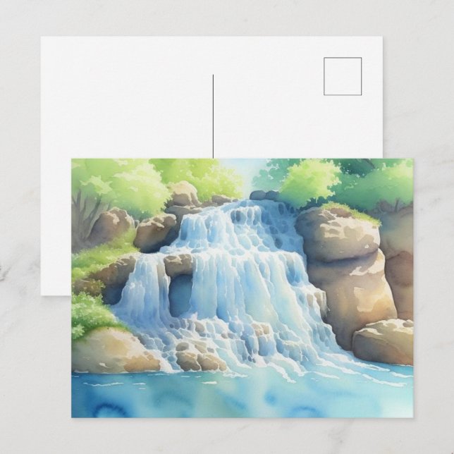Watercolor Painting Of A Cascading Waterfall Postcard (Front/Back)