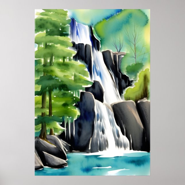 Watercolor Painting Of A Cascading Waterfall Poster (Front)