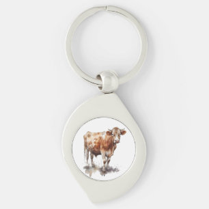 watercolor painting of a cow in a pasture key ring