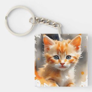 Watercolor painting of a cute orange cat key ring