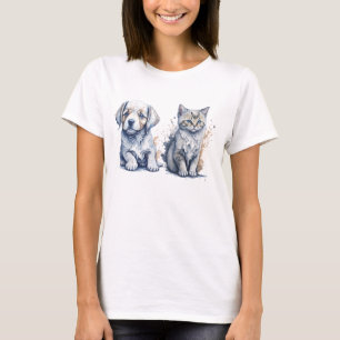 Watercolor Painting of a Cute Puppy and Kitten T-Shirt