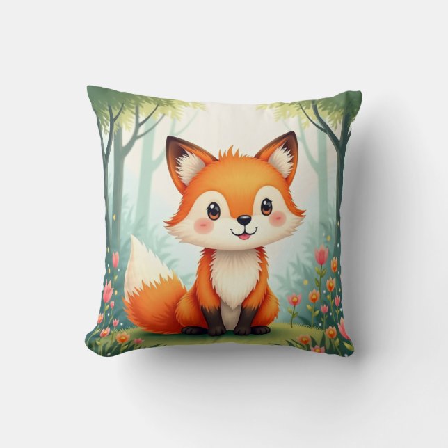 Watercolor Painting of a Cute, Small Fox  Cushion (Front)