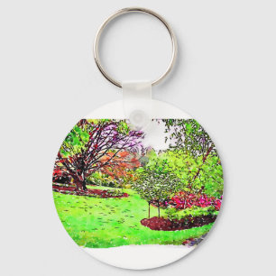 Watercolor painting of a lush spring garden key ring
