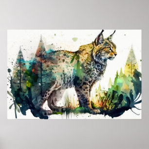 Watercolor Painting of a Lynx Forest AI Nature Poster
