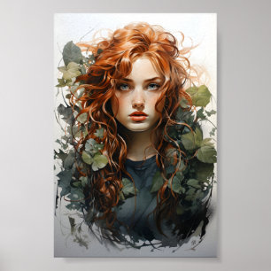 Watercolor Painting Of A Red Haired Girl  Poster