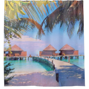 Watercolor Painting of a seashore beach resort Shower Curtain