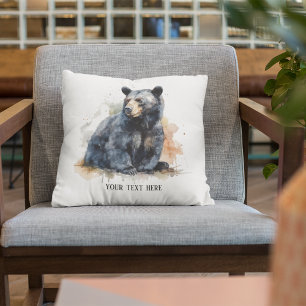 Watercolor painting of a sitting black bear cushion