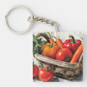 Watercolor Painting of a Vegetable Basket Key Ring