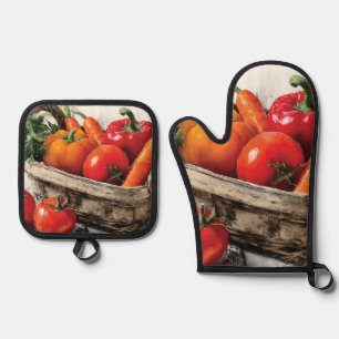 Watercolor Painting of a Vegetable Basket Oven Mitt & Pot Holder Set