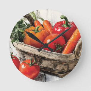 Watercolor Painting of a Vegetable Basket Round Clock