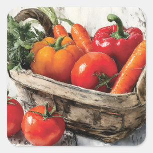 Watercolor Painting of a Vegetable Basket Square Sticker