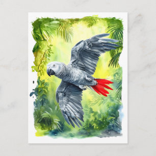 Watercolor painting of African grey parrot in jung Holiday Postcard