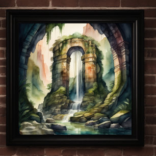 Watercolor Painting of Ancient Ruins Overgrown Poster