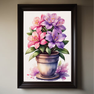 Watercolor Painting of Azalea in Pot Purple Poster
