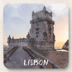Watercolor painting of Belem tower at sunset Coaster