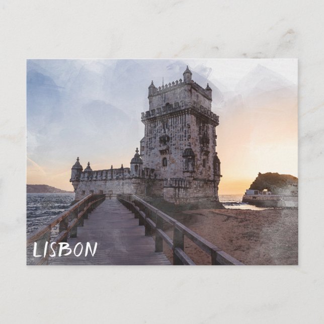 Watercolor painting of Belem tower at sunset Postcard (Front)