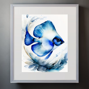 Watercolor Painting of Blue Fish Poster