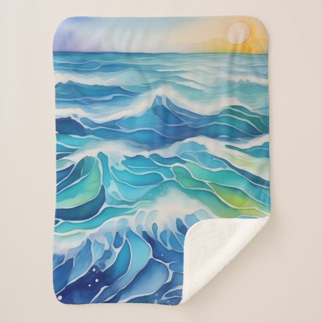 Watercolor painting of blue sea waves  sherpa blanket (Front)