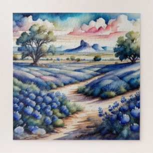 Watercolor Painting of Bluebonnet Landscape Jigsaw Puzzle
