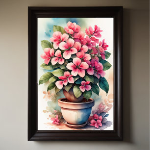 Watercolor Painting of Bouganvillea in Pot Pink Poster